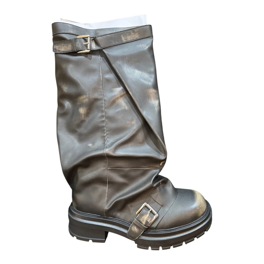 Madden Girl Women's Restore Knee-High Slouchy Lug-Sole Moto Boots Taupe Size 8.5 - Picture 8 of 8